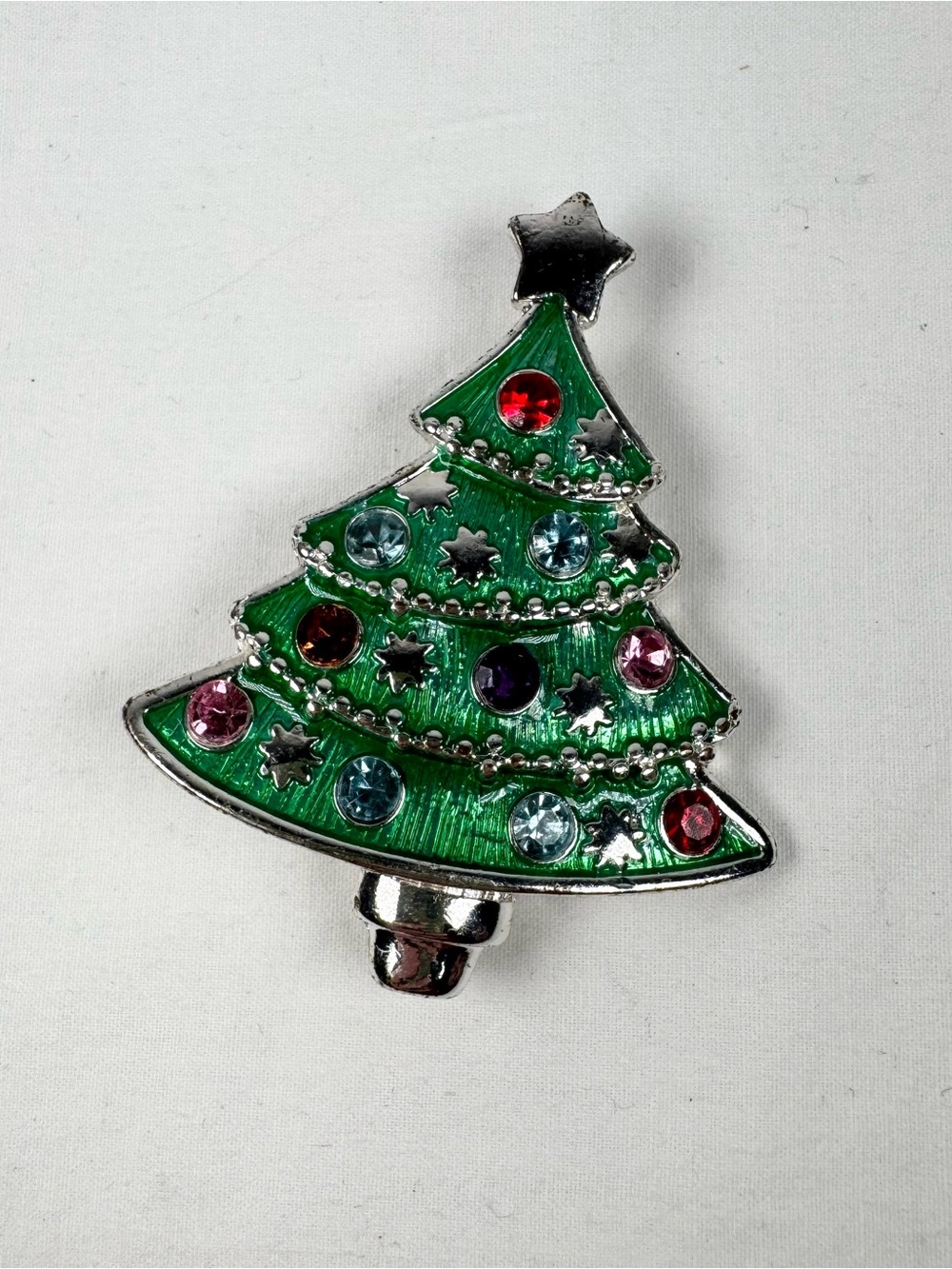 Vintage Christmas Tree Brooch Pin Silver-Tone with Colorful Rhinestones